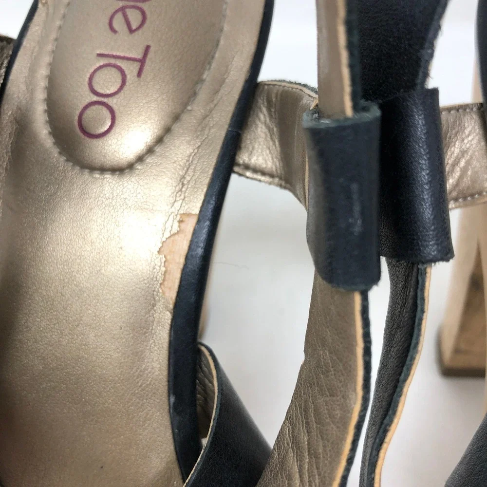 VTG Wooden Sandals Me Too Womens 8.5M Ebony Leather Black Wood Heel Buckle‎
